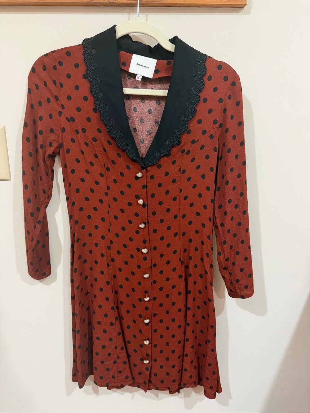 Reformation Brown Polka Dot Mini Dress with Black Scallop Collar - Picture 4 of 7